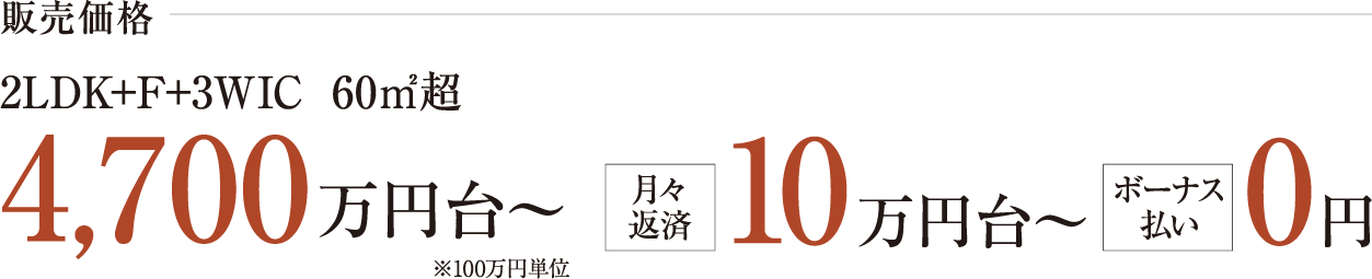 予定販売価格:3LDK 4,900万円台〜※100万円単位 ボーナス払い0円、月々返済10万円台〜
