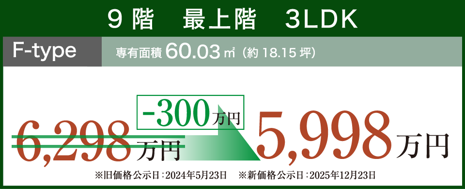 9階　最上階　3LDK F-typ 専有面積60.03㎡（約18.15坪）-300万円 5,998万円
