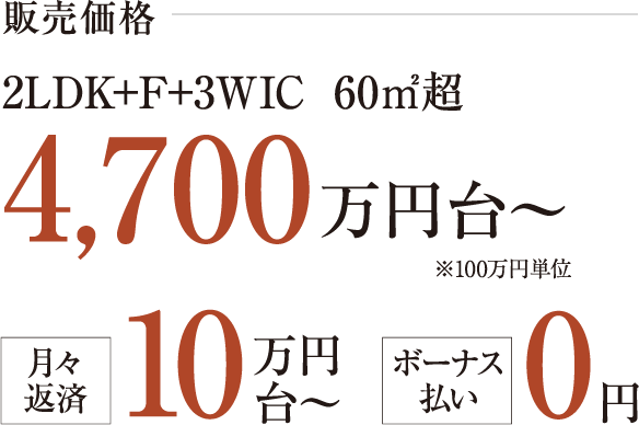 予定販売価格:3LDK 4,900万円台〜※100万円単位 ボーナス払い0円、月々返済10万円台〜